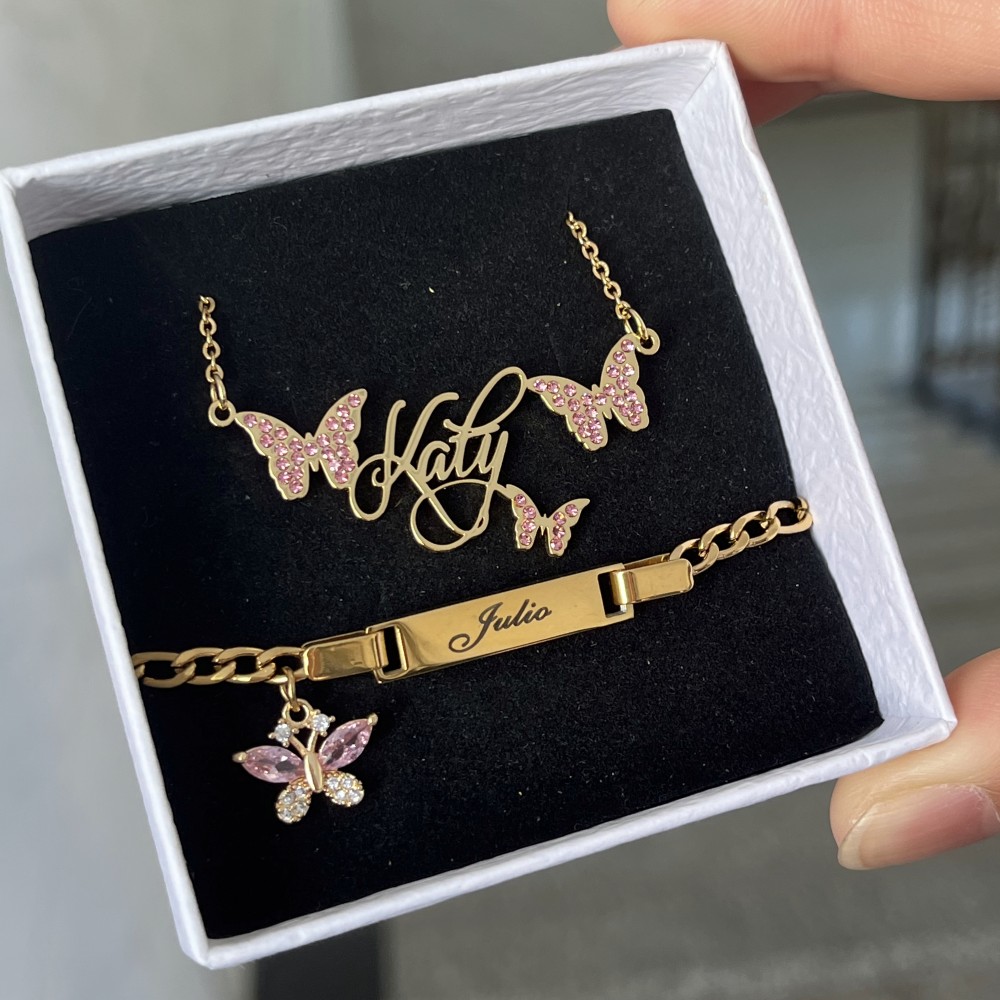 Name Necklace Custom - DUOYING Custom Pink Butterfly Set Personlized